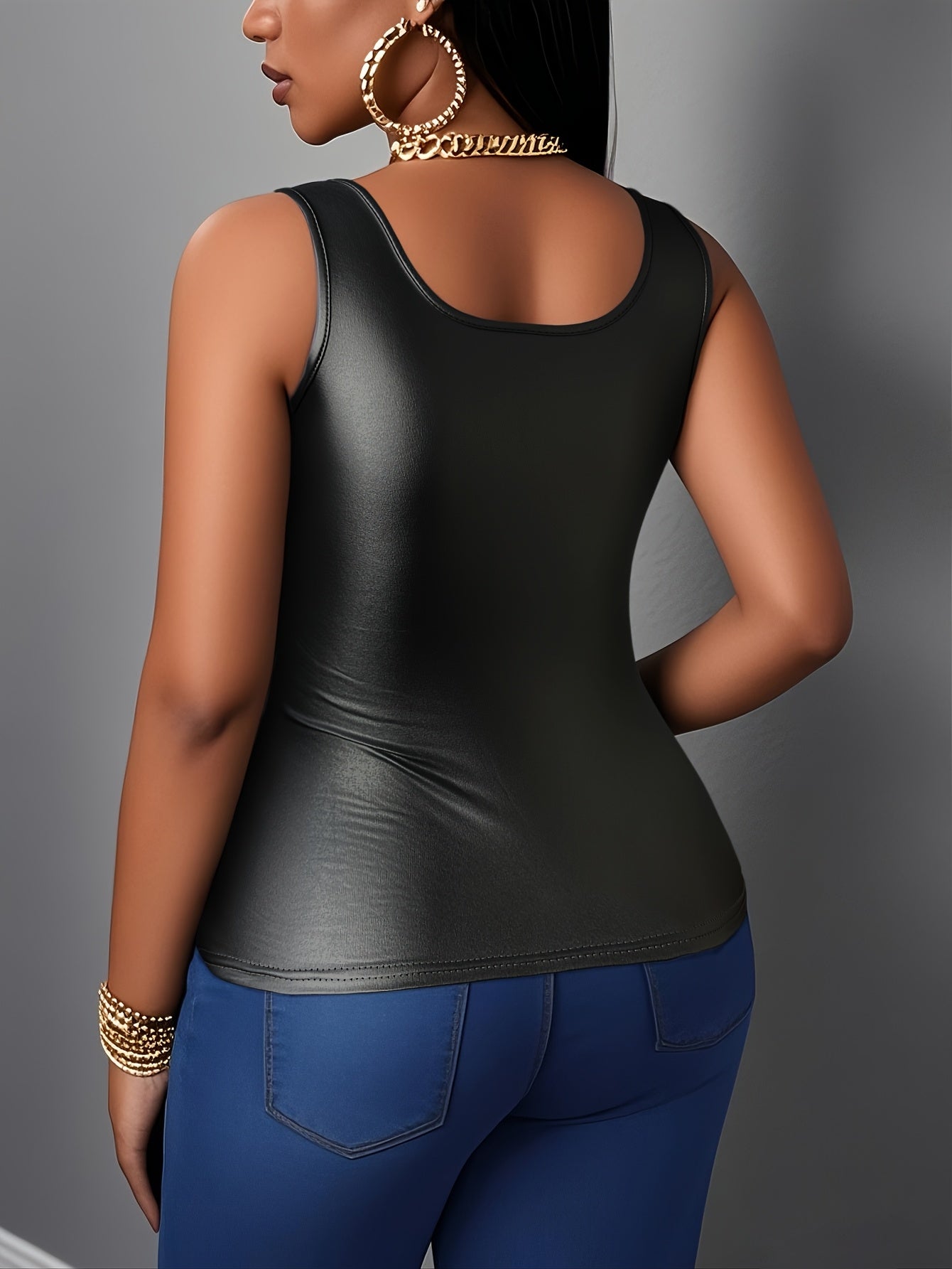 1pc Women'S Sexy Faux Leather Tank Top, Solid Color Scoop Neck Ruffle Sleeveless Knit Fabric Pullover, Skinny Fit Summer Vest